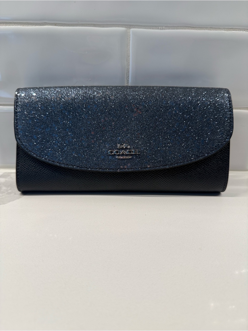 Coach Glitter Flap Continental Wallet - Dark Blue & Black